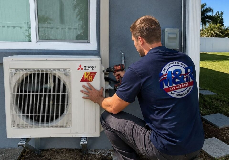 Technician installing a Mitsubishi Electric ductless mini-split system on the exterior wall of a Florida home, using a drill and wearing M&R Air Conditioning uniform, demonstrating professional residential AC installation.