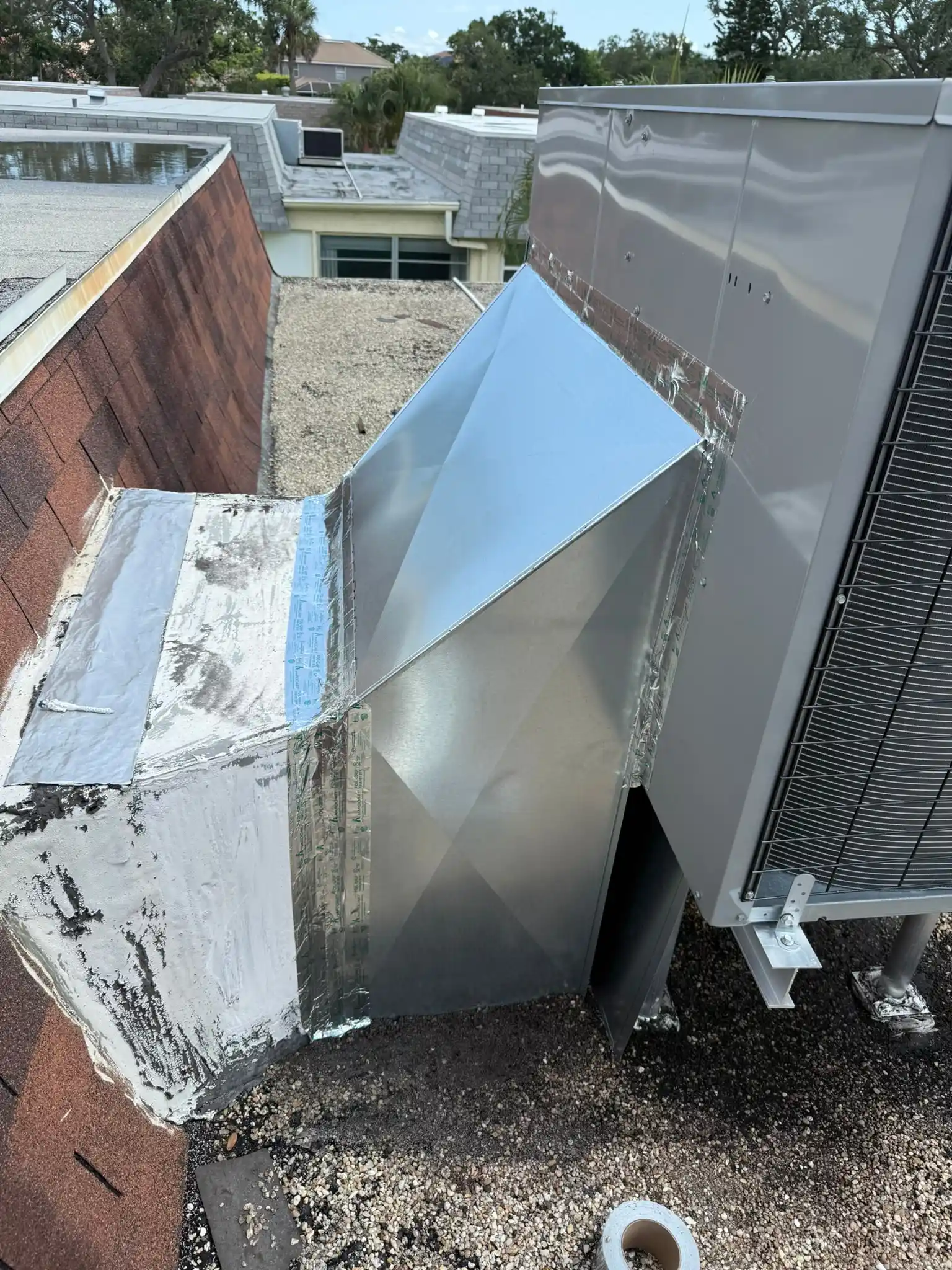 HVAC rooftop unit with custom ductwork installation on a flat roof in St. Petersburg, FL