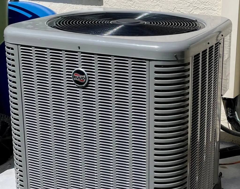Ruud HVAC outdoor unit installation for residential air conditioning in St. Petersburg, FL.