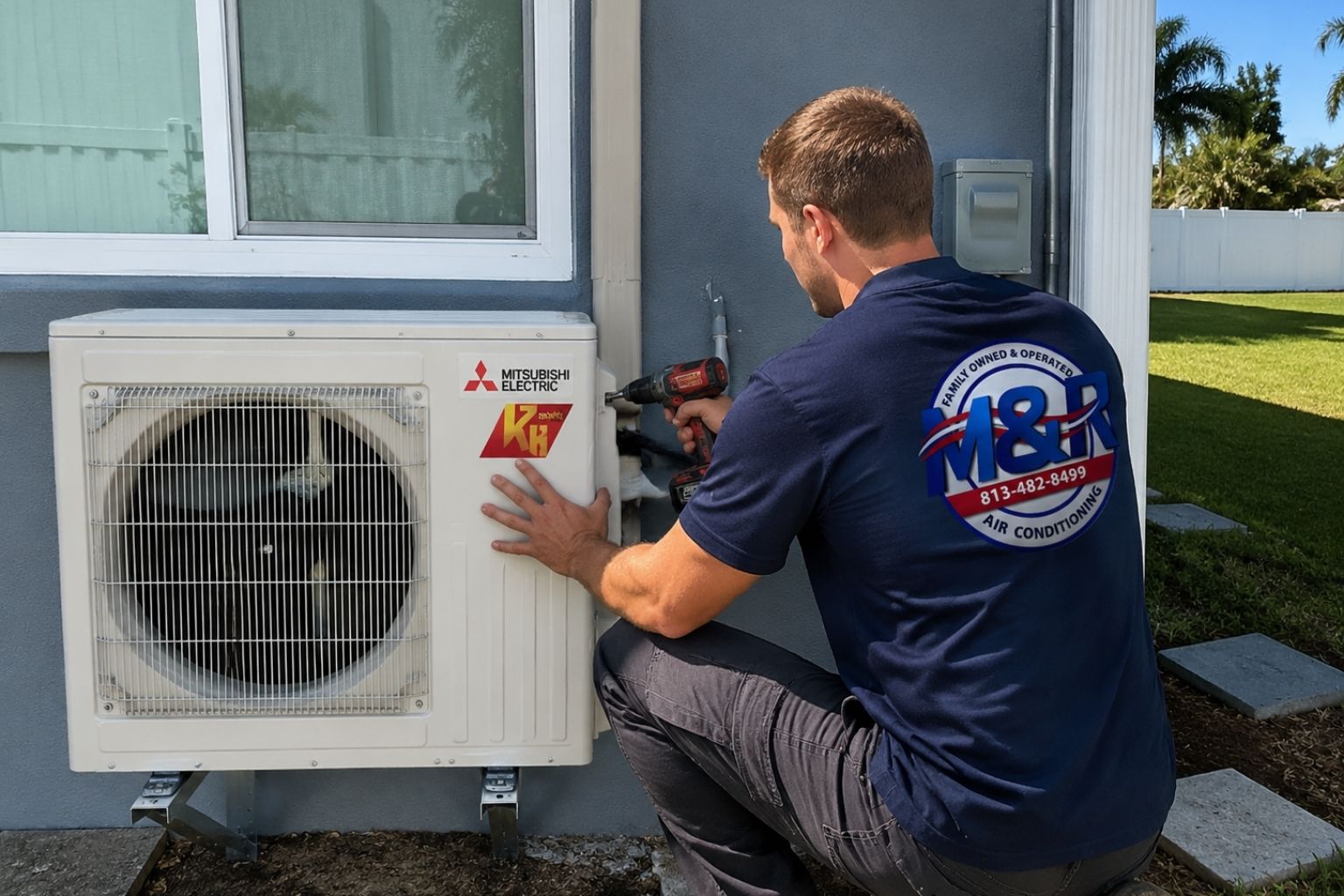 Technician installing a Mitsubishi Electric ductless mini-split system on the exterior wall of a Florida home, using a drill and wearing M&R Air Conditioning uniform, demonstrating professional residential AC installation.