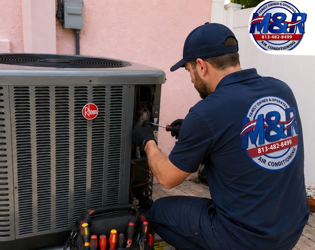 AC technician performing repair on a residential Rheem air conditioning unit in Florida, showcasing common AC repair services and price ranges for homeowners.