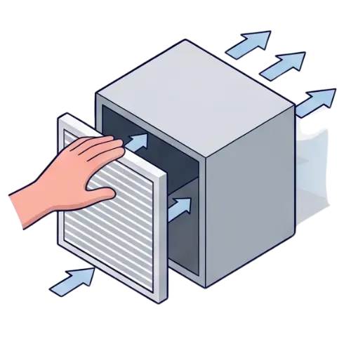 Hand sliding a clean air filter into an AC unit intake for commercial HVAC air filter replacement service.