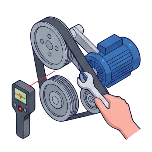 HVAC technician hand using a laser alignment tool and wrench during a commercial belt and motor inspection service.