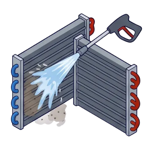 Pressure washer cleaning dust and rust from dirty evaporator coils during a commercial HVAC coil cleaning service.