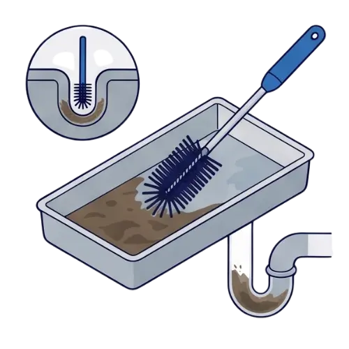Cleaning brush clearing slime and biofilm from an AC condensate pan and drain line during professional HVAC maintenance.