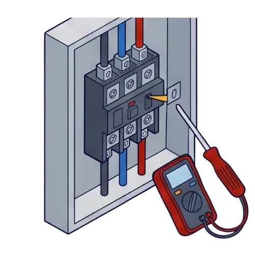 Commercial HVAC electrical connection inspection showing a digital multimeter and screwdriver testing an open main power breaker panel.