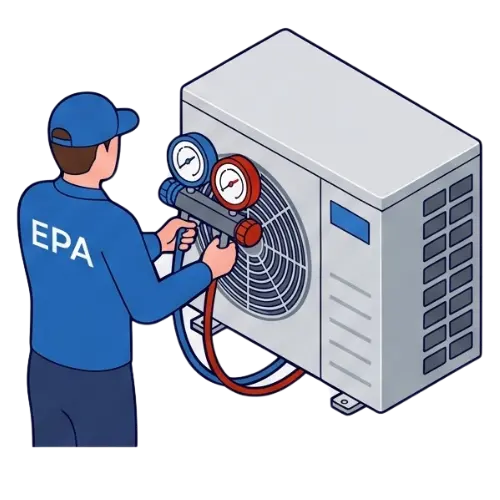 EPA certified technician using pressure manifold gauges to perform an AC refrigerant level check on an outdoor HVAC compressor.