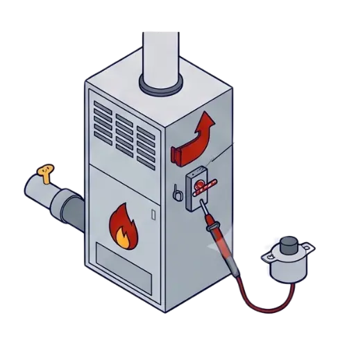 HVAC safety control testing illustration showing furnace inspection, safety limit switch, and pressure cutout maintenance.