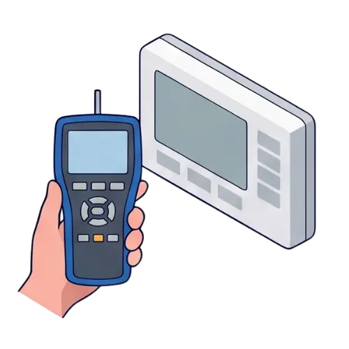 Hand holding digital calibration tool next to smart wall thermostat for commercial HVAC climate control system testing.