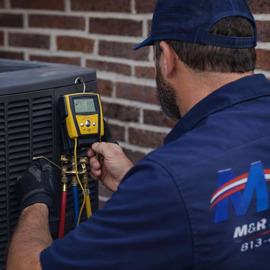 HVAC technician performing AC repair using gauge tools on outdoor air conditioning unit with M&R Air Conditioning branding